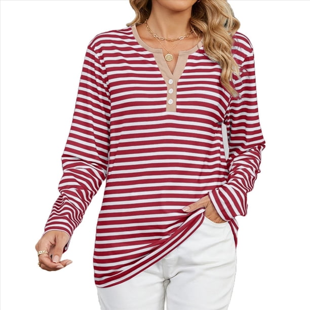 Camisetas de Larga A Rayas para Mujer, Informales, con Cuello en V, Bloques de Color, Corte Holgado, Básicas. Tiras Rojas XXL