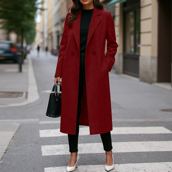 Womens Winter Pea Coat Notch Lapel Double Breasted Wool Oversized Overcoat with Pockets Red L