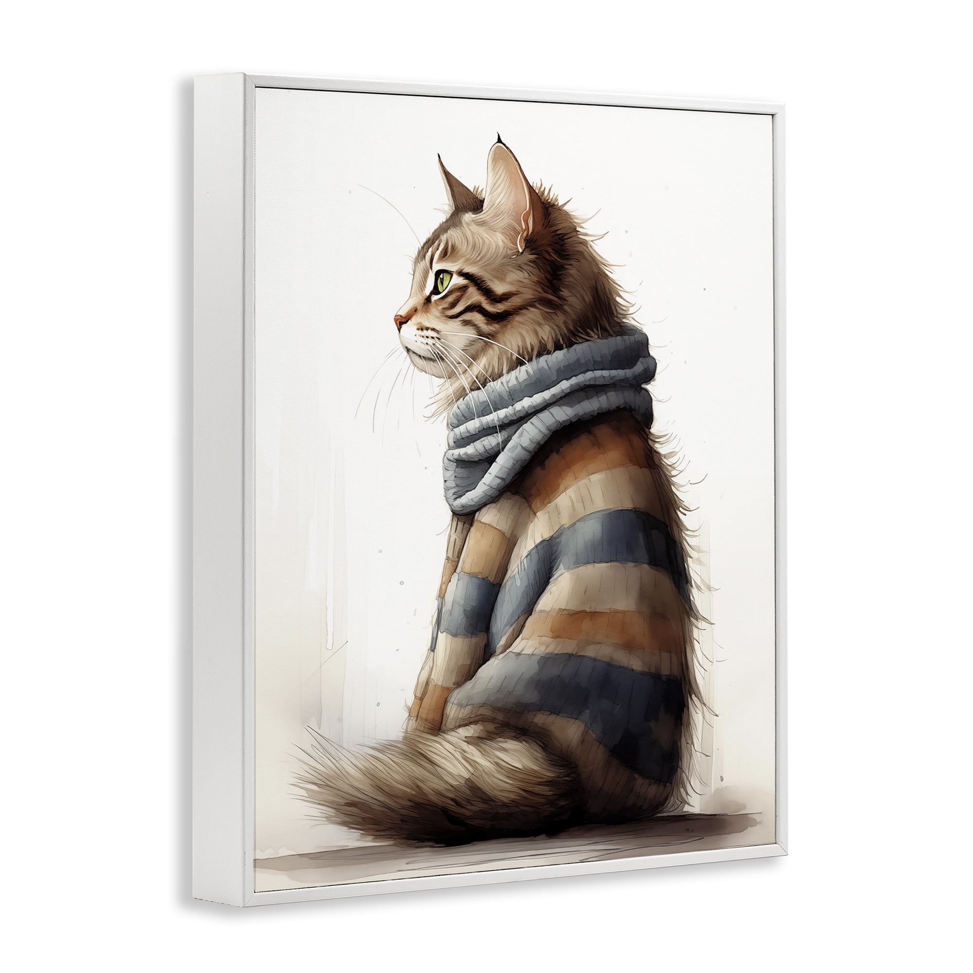 Stupell Industries Cat in Striped Sweater Animals & Insects Painting White Framed Art Print Wall Art, 16 x 20