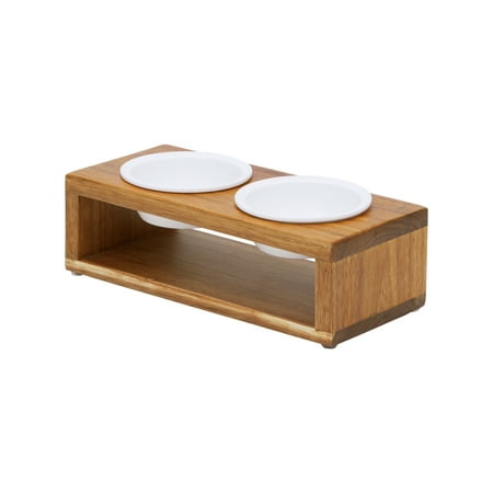 UPC: 0810083333267 | Teamson Pets Billie Small Elevated Pet Dog Cat Feeder with Double Ceramic Bowls and Anti Slip Acacia Wood Stand