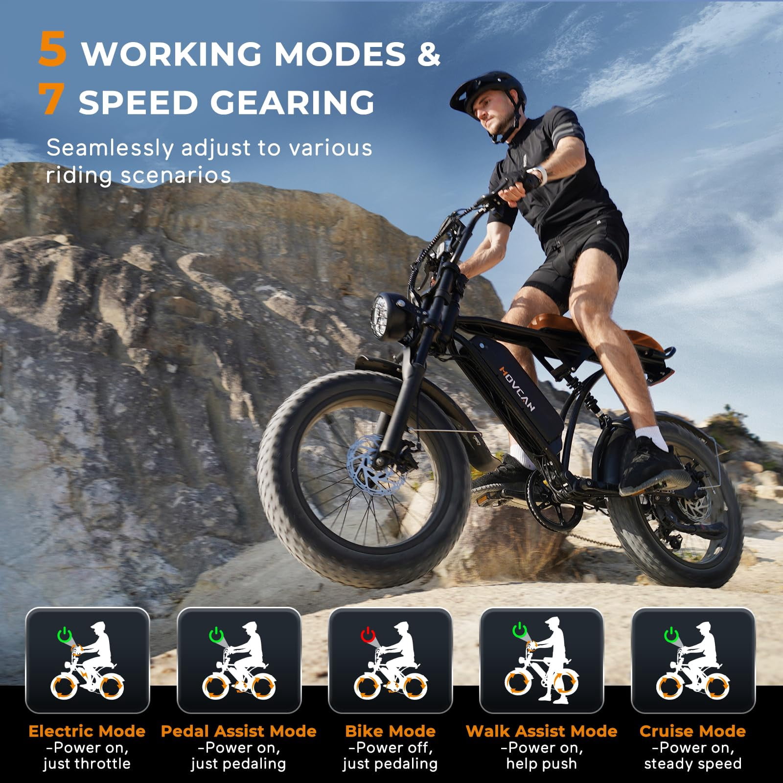 Movcan V60 Electric Bike for Adults,1000W Electric Mountain Bike,48V 15.6Ah Removable Battery,30 MPH 7 Speed Dirt Brake 20" Fat Tire Electric Bicycle,UL2849