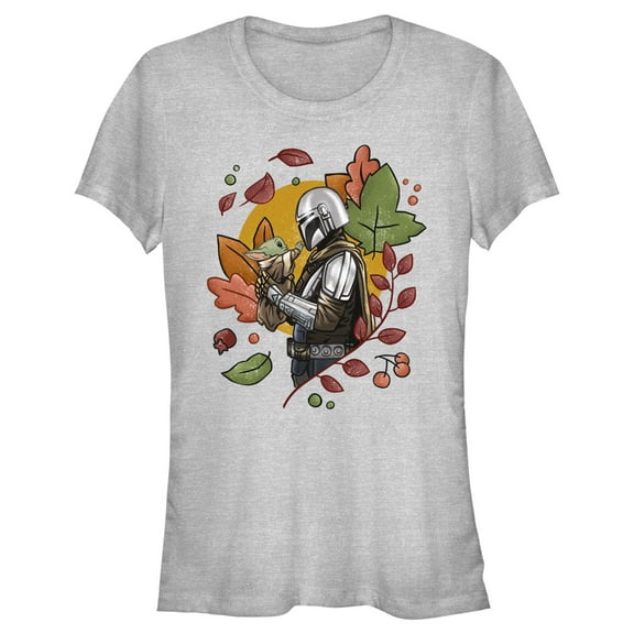 Junior's Star Wars: The Mandalorian Grogu and Din Djarin Fall Leaves Love Graphic Tee Athletic Heather 2X Large