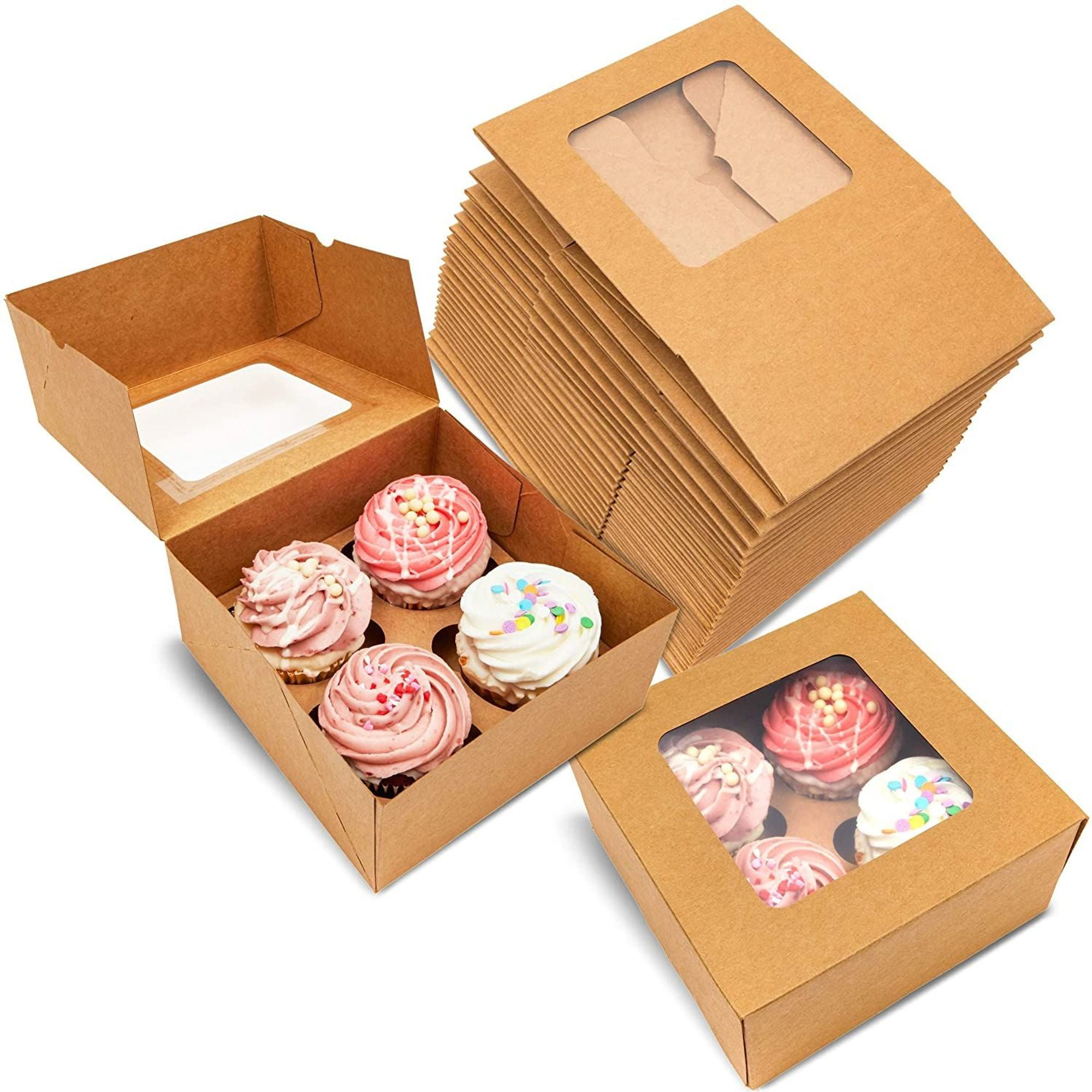 24Pack Kraft Paper Cupcake Boxes with 4 Inserts, Clear Window Display