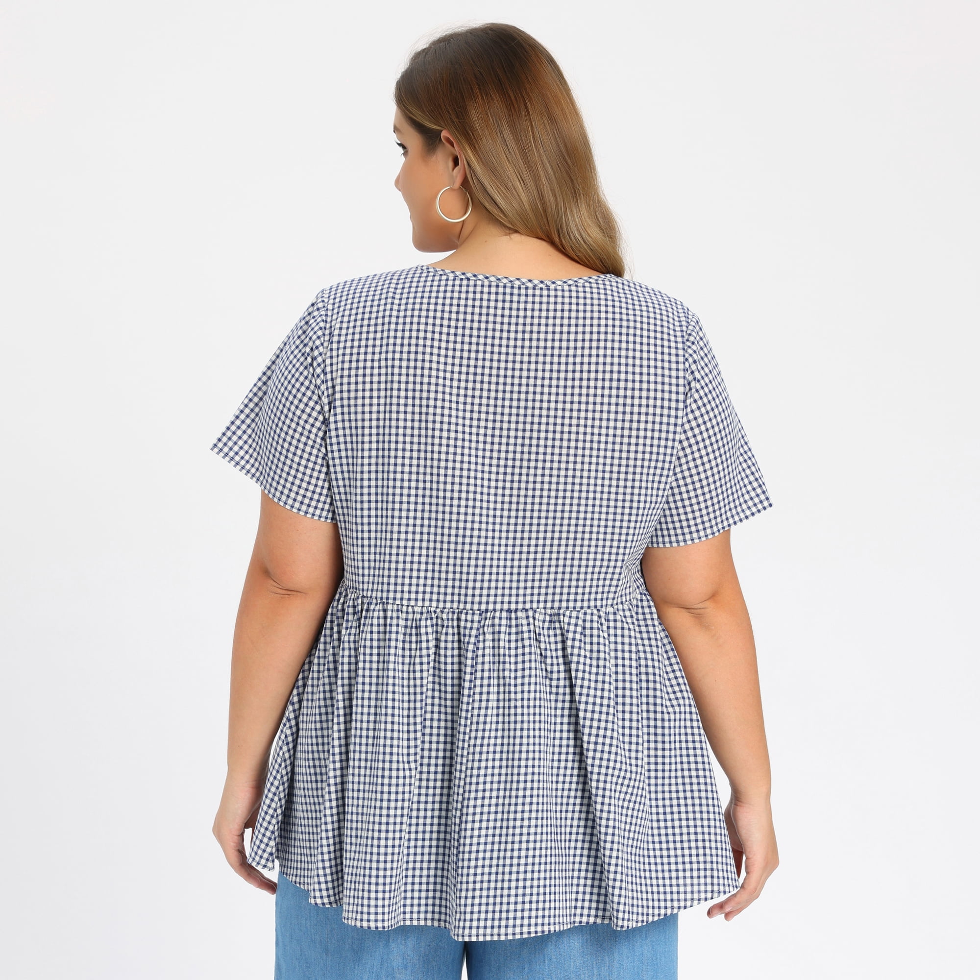 DARING DIVA Women's Plus Gingham Tops Plaid Notch Neck Blouse 4X Navy Blue