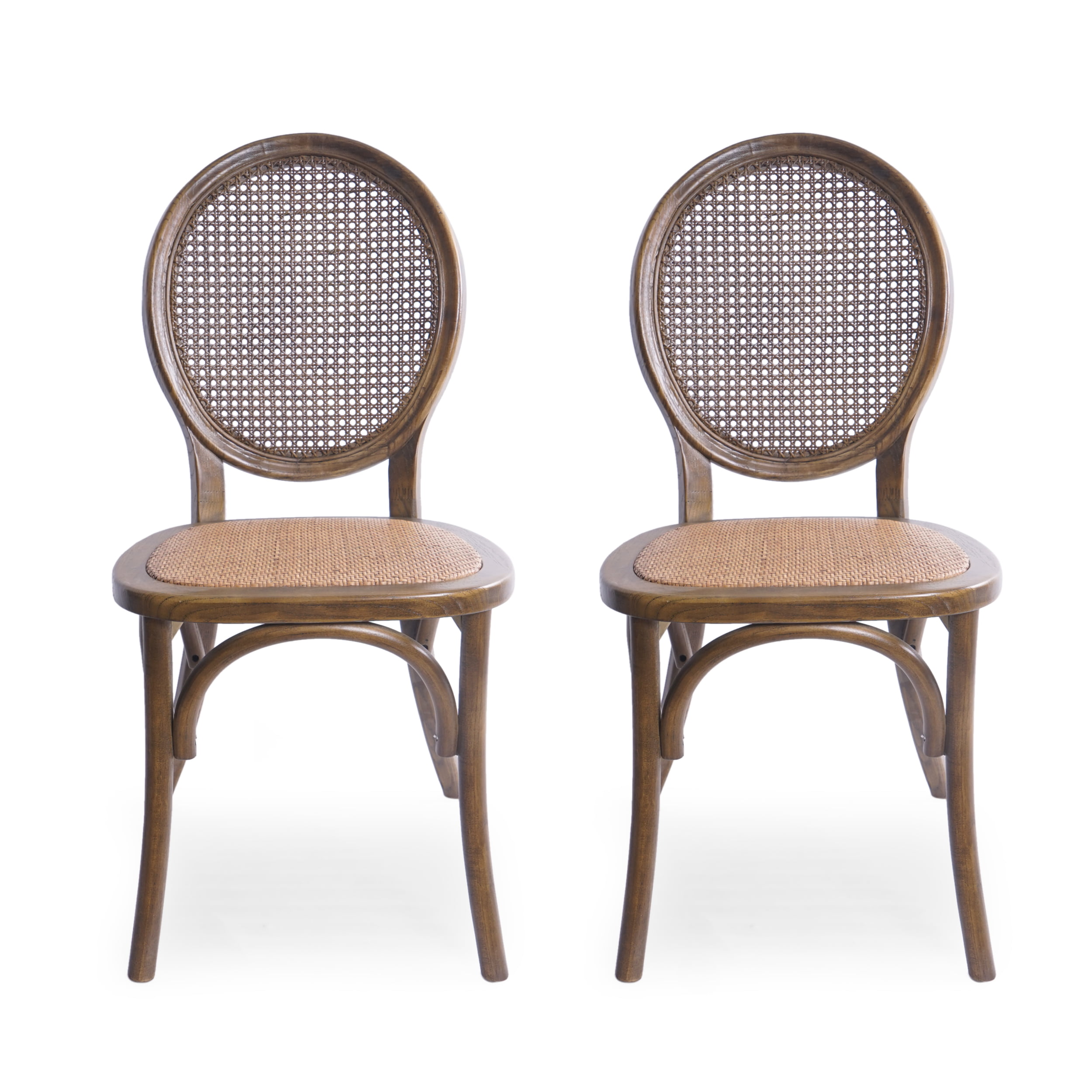 Denni Elm Wood and Rattan Dining Chair with Rattan Seat (Set of 2