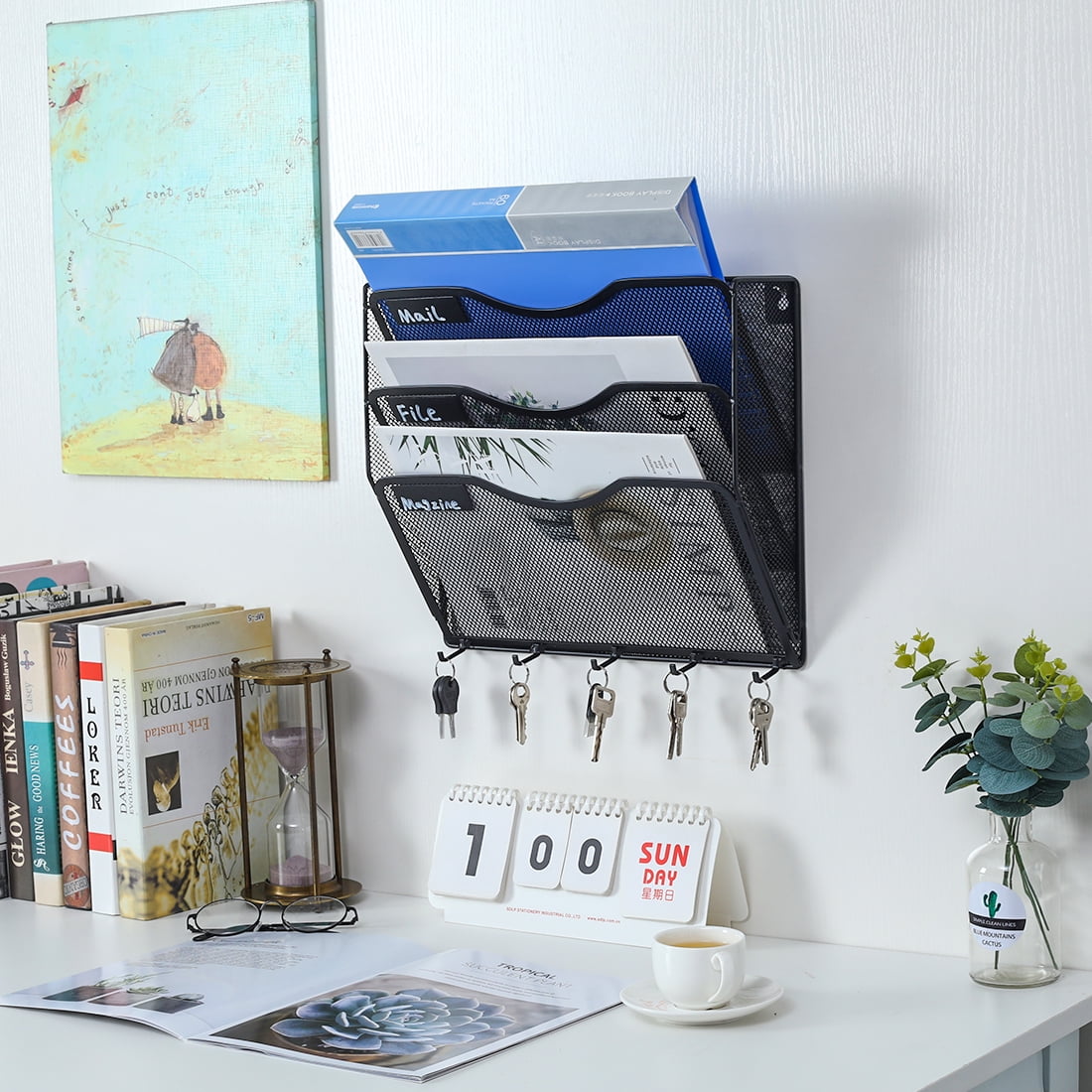 EasyPAG Wall File Organizer 3 Pocket Vertical Mesh Hanging File Holder Paper Rack with Key Hooks | Writting Label Included,Black