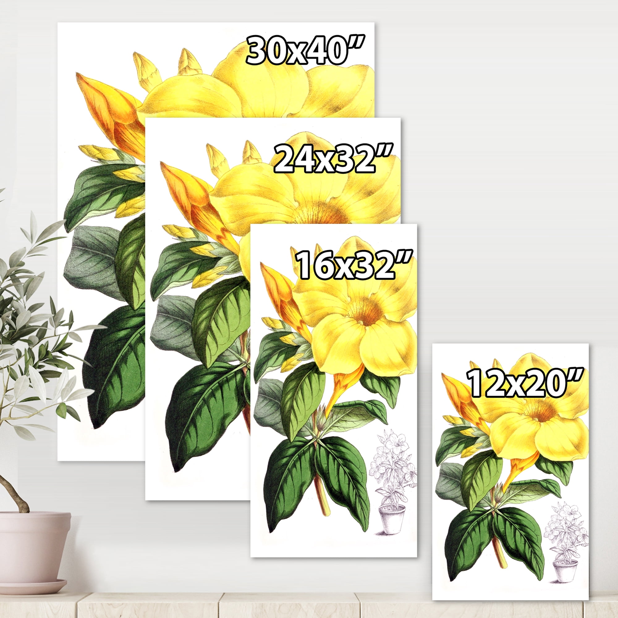 Designart ' Green Leaves With Tropical Yellow Flowers II ' Traditional Canvas Wall Art Print