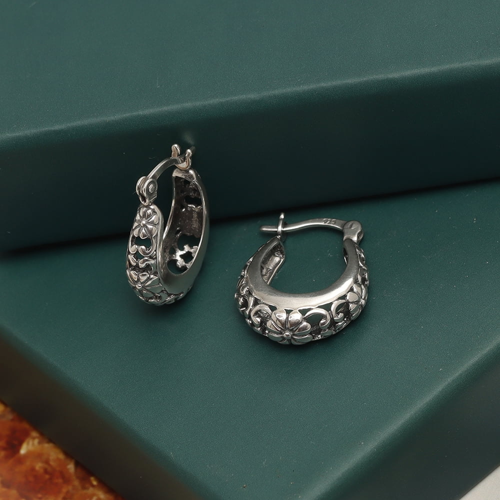 LeCalla 925 Sterling Silver Hypoallergenic Floral Design Click Top Oval Filigree Hoop Earrings Jewelry Gifts for Women and Teen 18MM