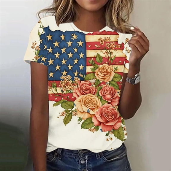 Xdegoge 4th Of July Patriotic Graphic T Shirt for Women USA American Flag Short Sleeve Round Neck Stars And Stripes Vintage Rustic Daisy Floral Print Casual Summer Tops
