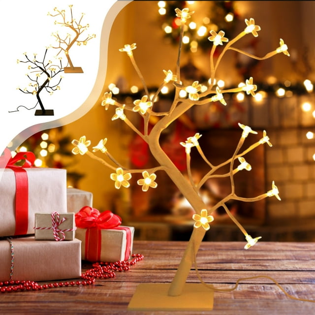 Lámpara de árbol de luz LED, luz de escritorio, luz ambiente, árbol de cherrys en flor, luz de simulación de naturaleza, luz decorativa, luz de dormitorio, luz portátil, base de madera, diseño de 2