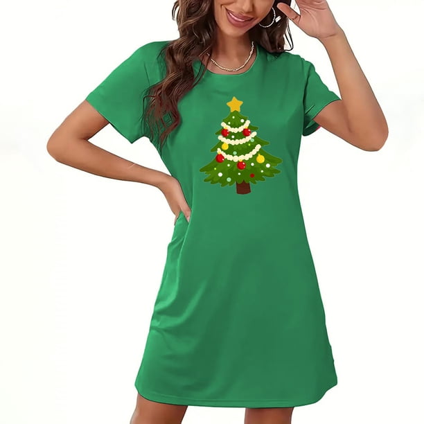 Camisón corto navideño para mujer, talla grande, cuello redondo, manga corta, estampado en el pecho, vestido de noche para mujer