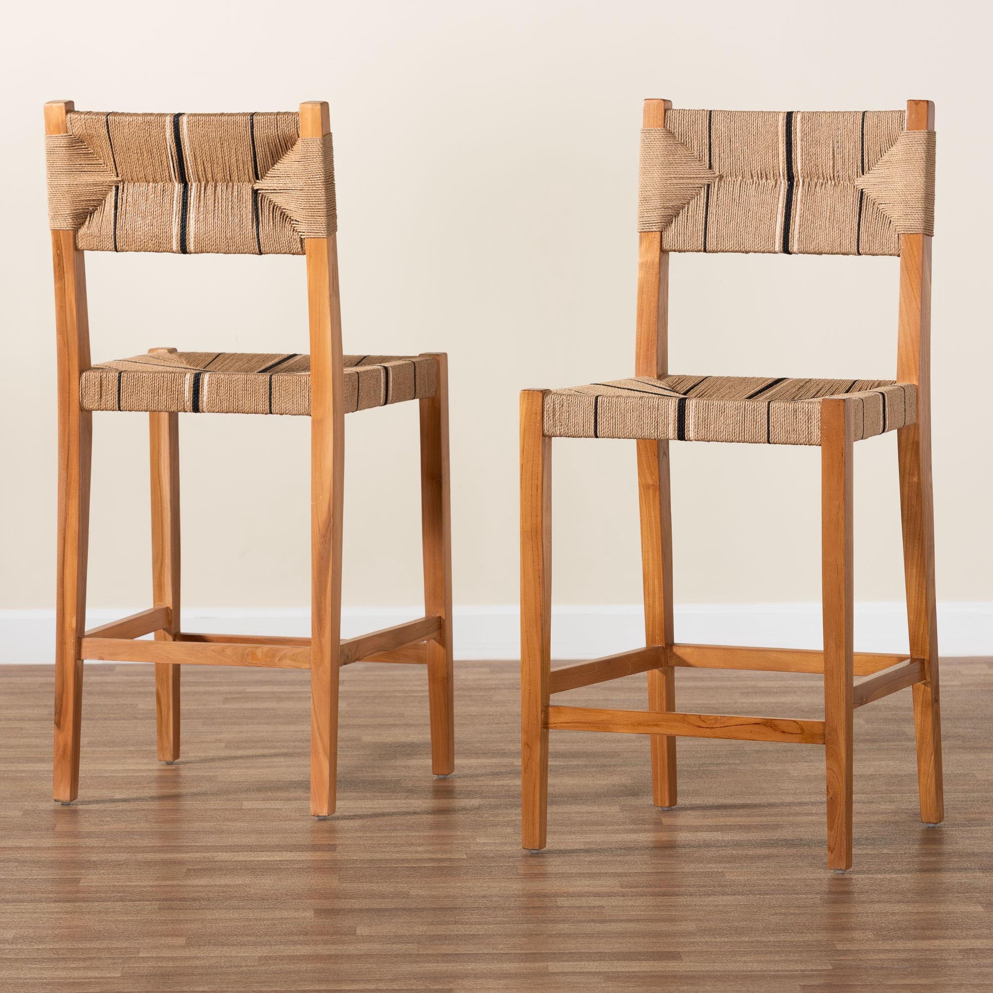 bali & pari Prita Bohemian Paper Loom and Natural Mahogany Wood 2-Piece Bar Stool Set