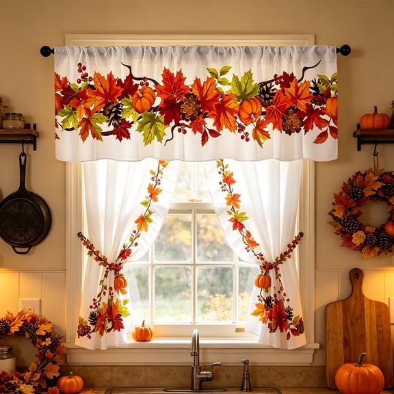 Halloween Kitchen Tier Curtains 2D Printed Short Curtains Spooky Pumpkin Ghost Window Valance for Kitchen Dining Room, 54 x 18 Inch, Polyester