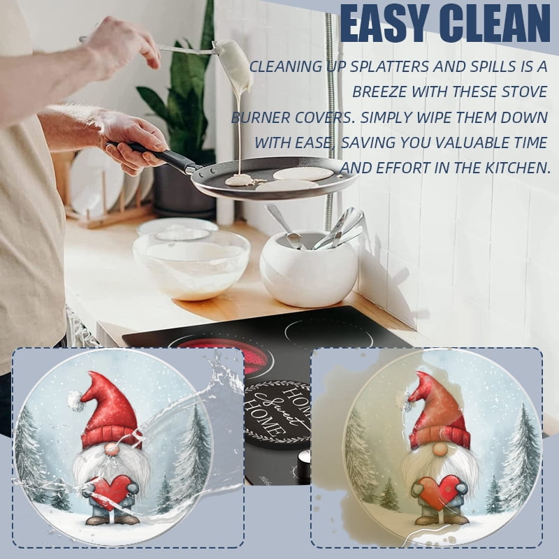 Christmas Round Electric Stove/Range Burner Cover, Christmas Red Hat Gnome with Heart Mental Durable Conceals Gas Burner Covers Set of 4 for Kitchen Holiday Decor, 8 Inches and 10 Inches