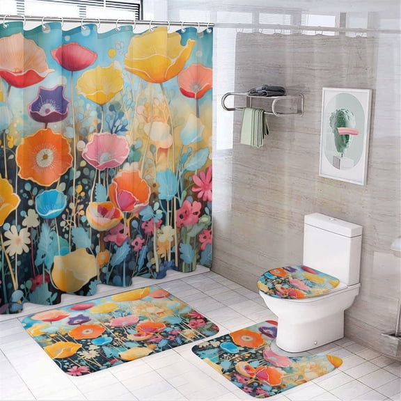 Shower Curtain Sets with Rugs 4 Piece with Non-Slip Rugs Toilet Lid Cover And Bath Mat Colored Flowers Waterproof Shower Curtain Spring Summer Flowers for Bathroom Decor