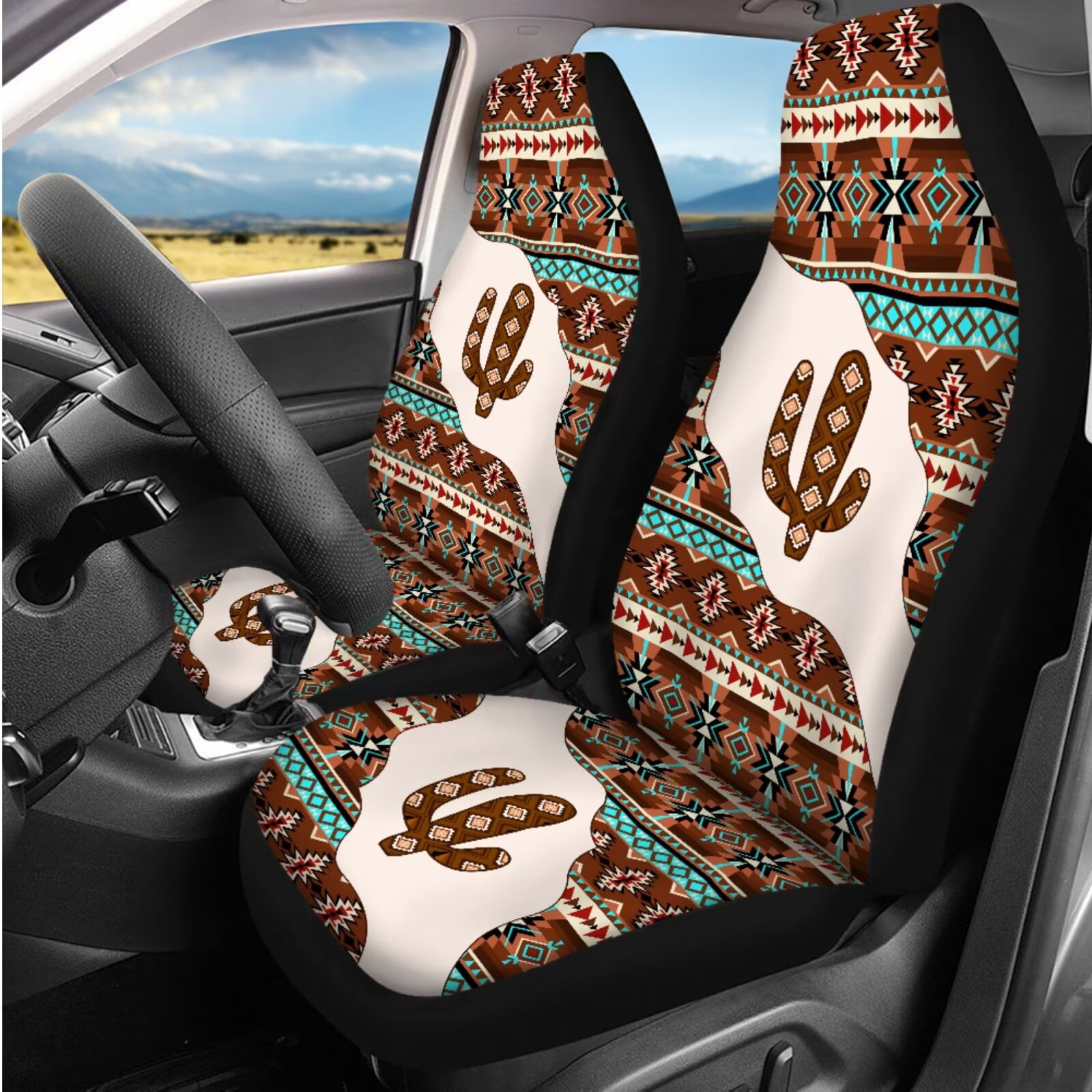 HUIACONG Aztec Cactus Print Car Seat Covers Full Set Western Car Accessories Seat Covers Front and Back with Armrest Cover Steering Wheel Cover Seat Belt Pads Headrest Cover Coasters Keychain,14 Pcs