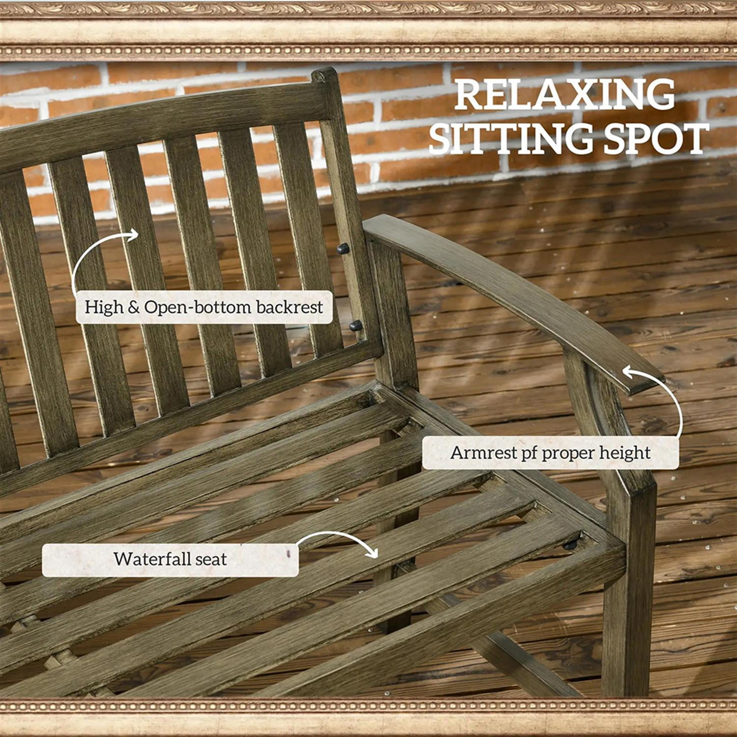 Demi Bonn 2-Person Patio Garden Bench Metal Porch Bench, Outdoor Benches Furniture with Wood Look for Backyard, Park, Lawn, Yard, Black