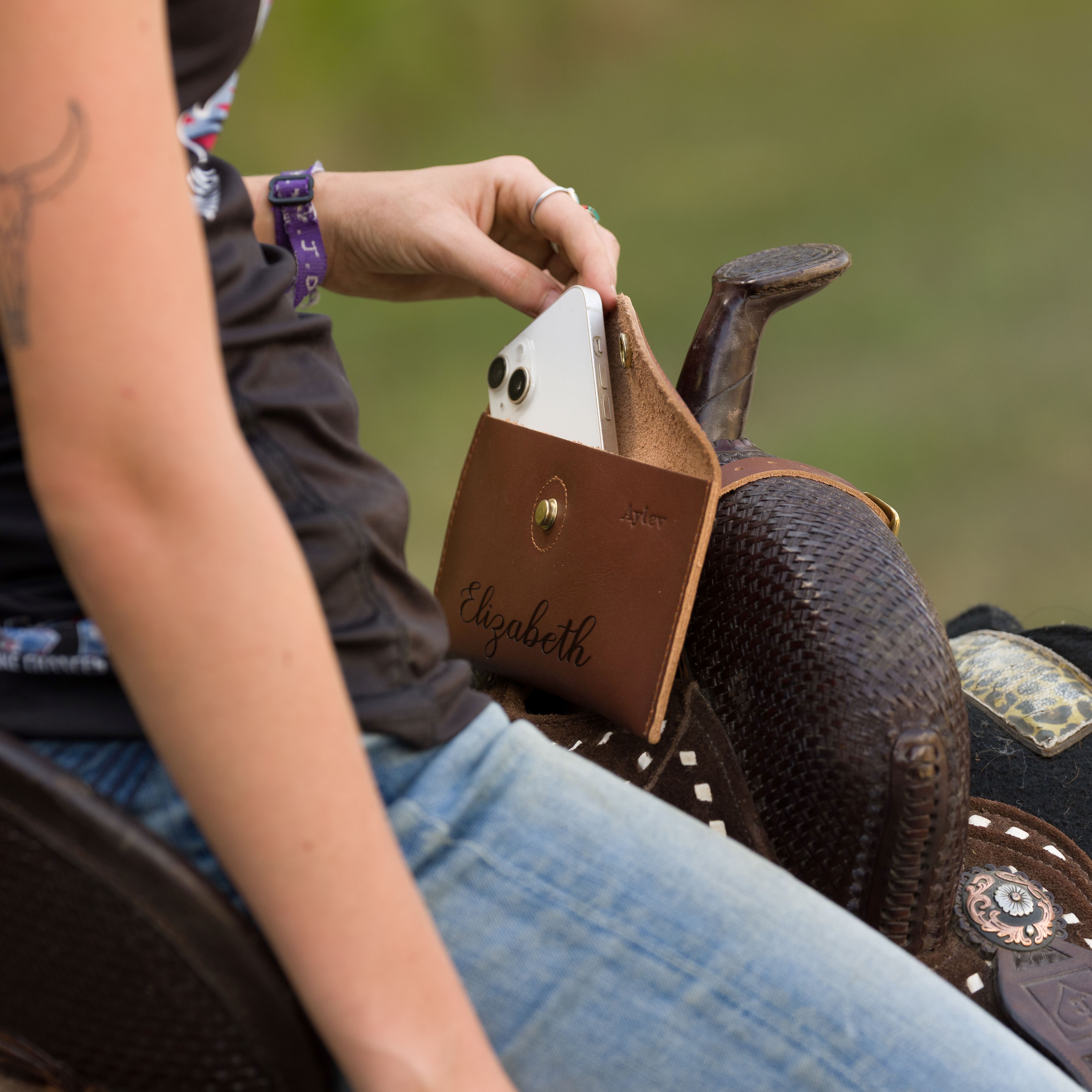 Personalized Genuine Leather Saddle Bag, Horse Tack Phone Holder, Equestrian Riding Accessory, Gift for Horse Lovers