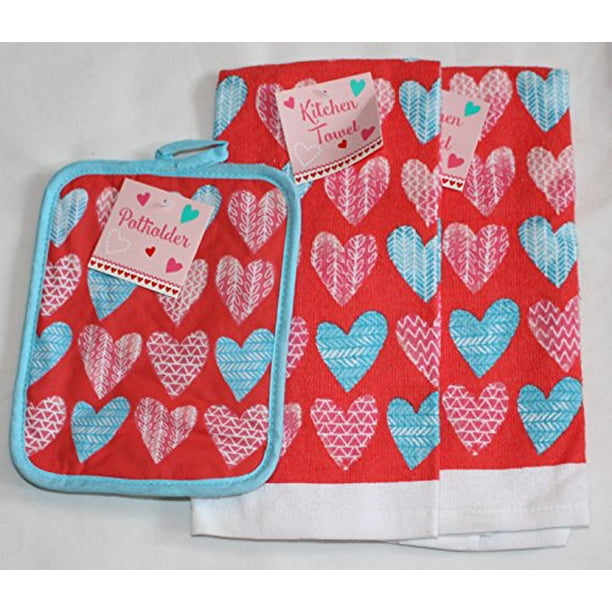 Valentine S Day Themed Cotton Hand Dish Towels And Potholder 3 Piece Set Blue Pink Hearts Walmart Com Walmart Com