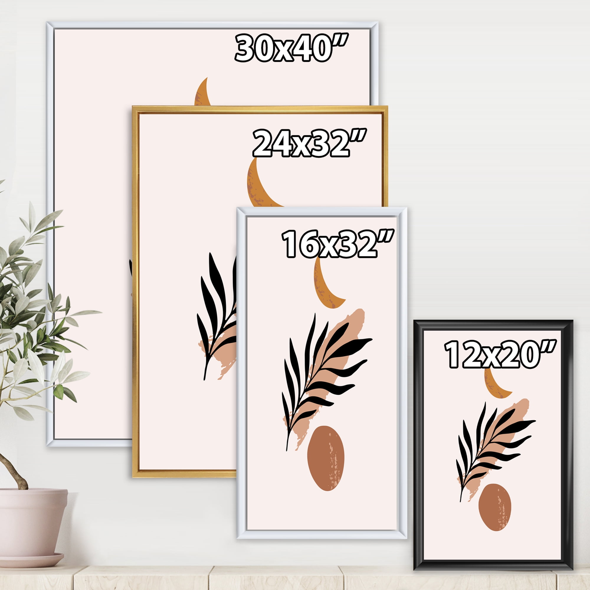 Designart 'Abstact Tropical Palm Leaf, Minimal Sun And Moon I' Modern Framed Canvas Wall Art Print