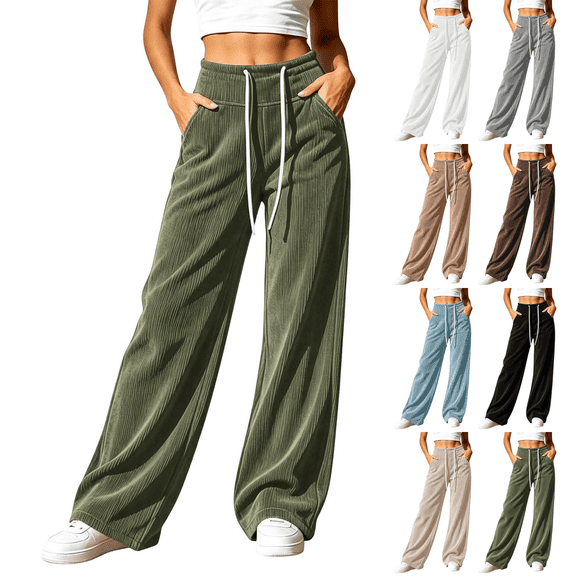Sunnin Womens Cotton Corduroy Wide Leg Pants High Waist Contrast Drawstring Side Pockets Casual Lounge Trousers
