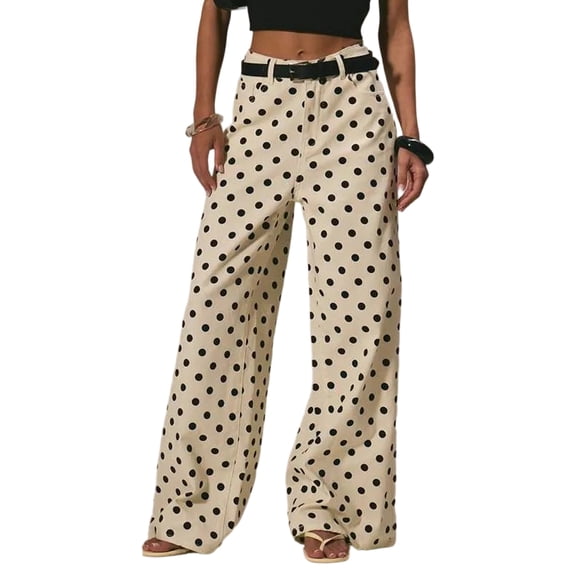 LWavelet Womens Polka Dot Wide Leg Pants High Waisted Belted Daily Casual Pants Beige L
