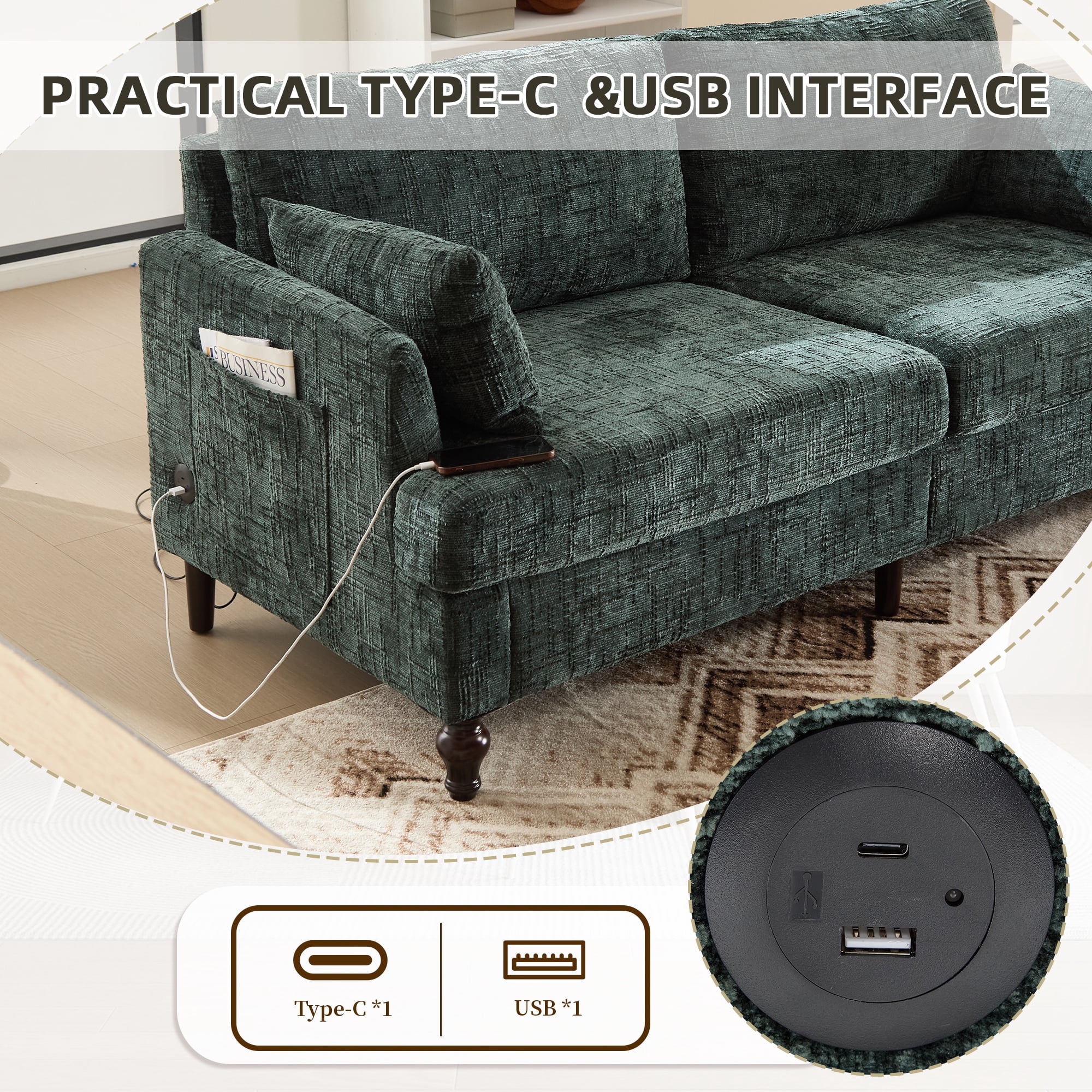 MOONMISS Chenille Upholstered Mid Century Modern Wood Frame Loveseats Sofa with LED light,USB and Side Pocket-Emerald