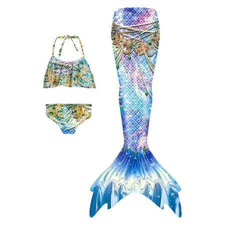 Toimothcn Girl s Swimsuit Sleeveless Casual Colorful Fish Scale Printed 3 Piece Tail Bikini Set Quickly Dry Cover Up Swimwear 5-6 Years