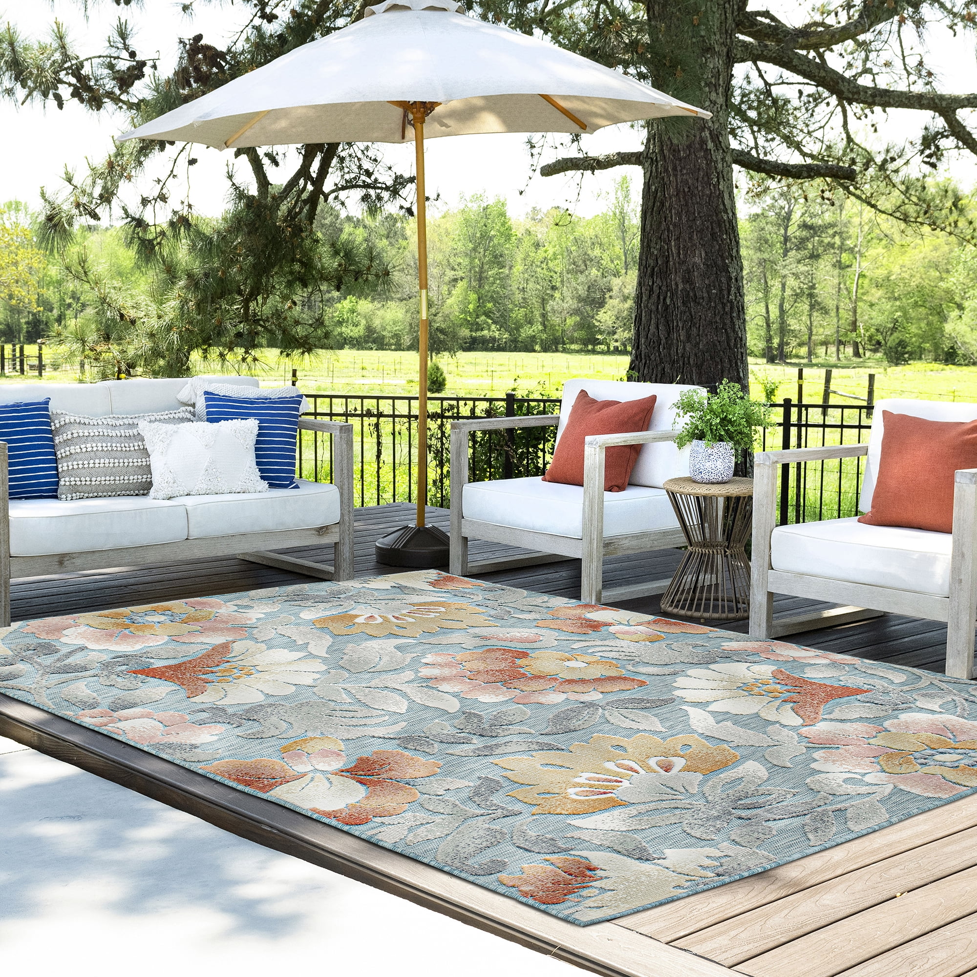 8x10 Water Resistant, Large Indoor Outdoor Rugs for Patios, Front Door Entry, Entryway, Deck, Porch, Balcony | Outside Area Rug for Patio | Aqua, Floral | Size: 7'7'' x 10'3''