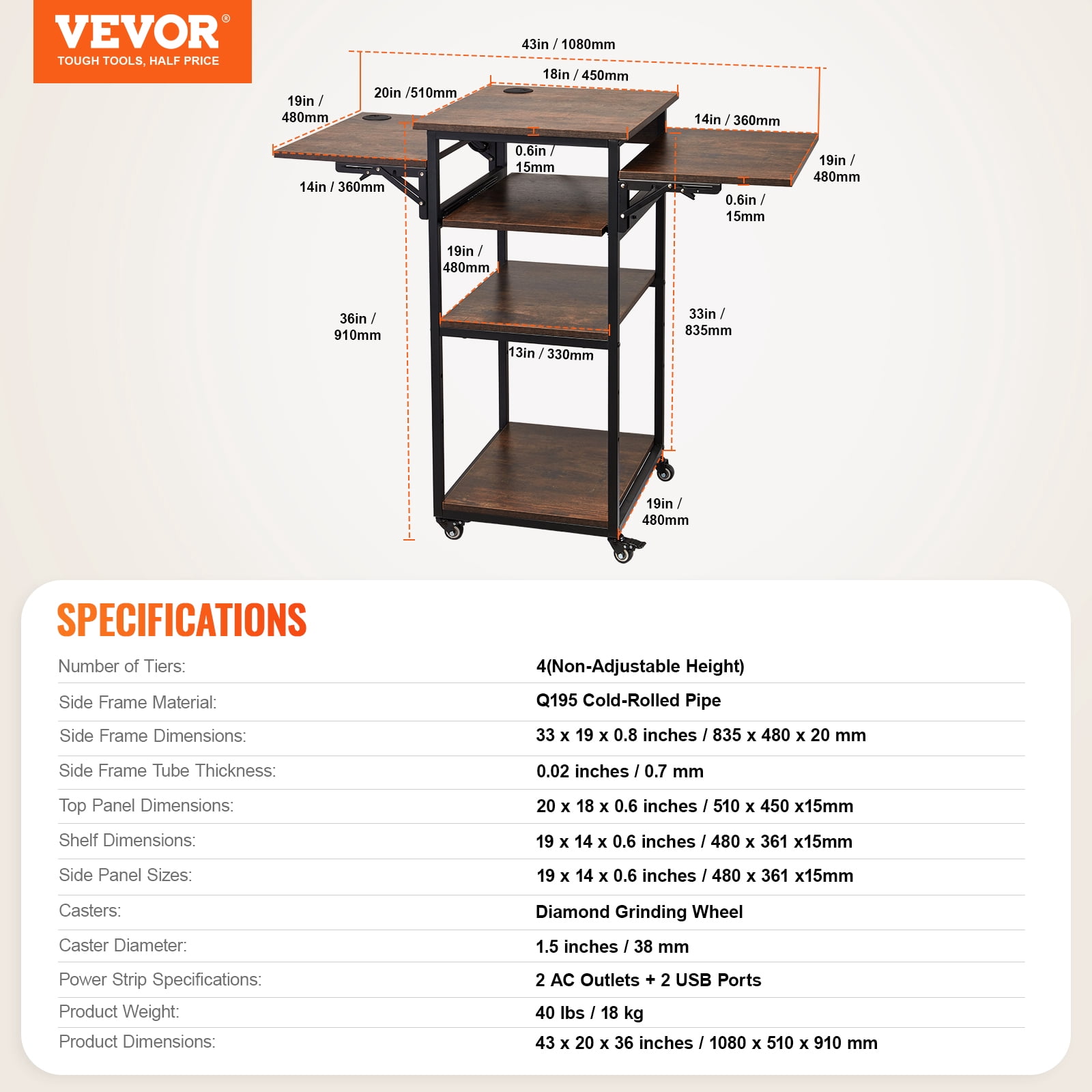 VEVOR Heat Press Table with Charging Station, 4 Tier Movable Heat Press Stand, Foldable Heat Transfer Machine Stand with Wheels, Rolling Metal Workbench for Sublimation Transfer Machine, Brown