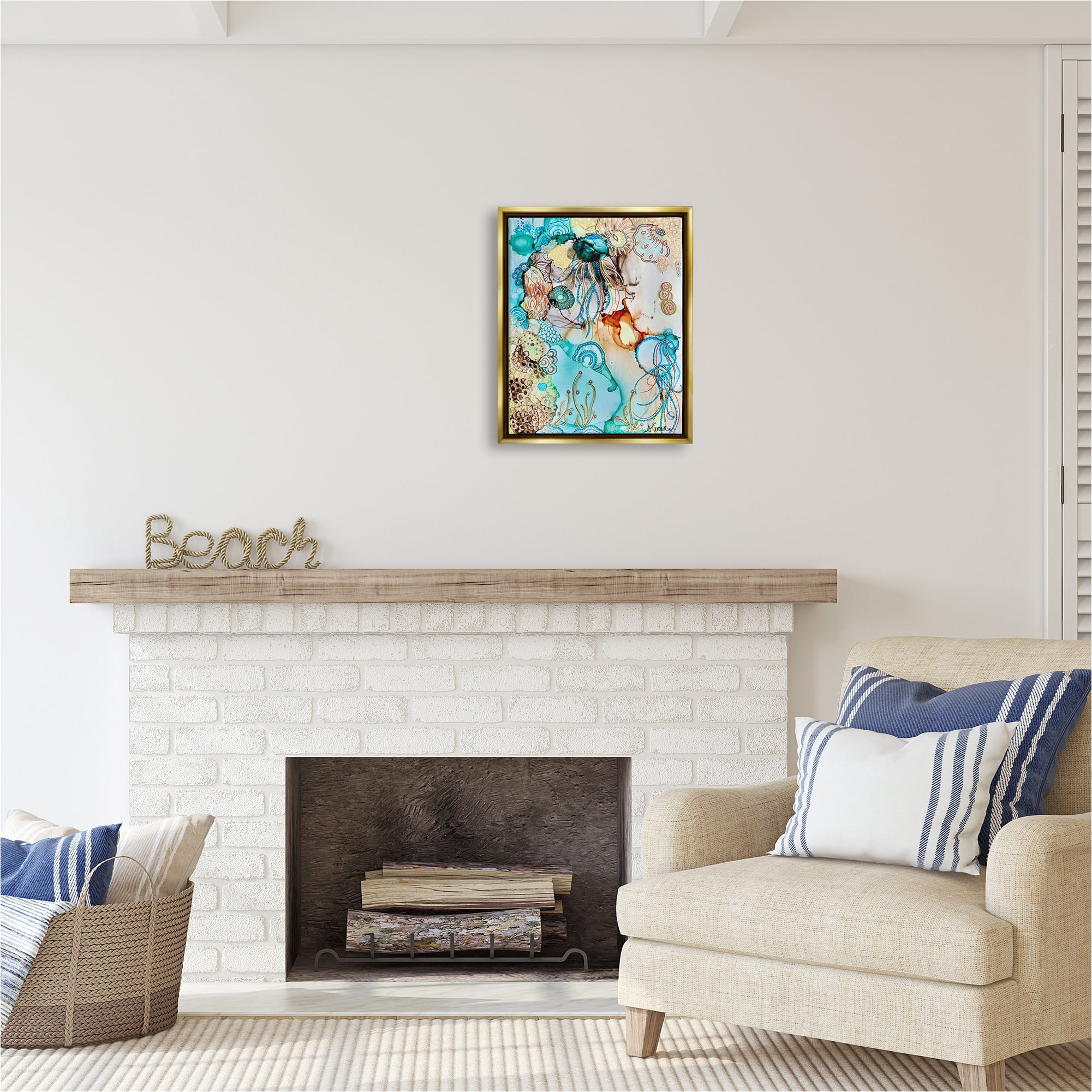 Stupell Industries Abstract Nautical Pattern Abstract Painting Gold Floater Framed Canvas Art Print Wall Art, 17 x 21