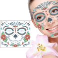 thumbnail image 4 of Tatuaje temporal de cara de calavera de Halloween, pegatinas de tatuaje de maquillaje de Halloween para fiesta de disfraces (floral, rosa roja, calavera negra y floral), 4 of 5
