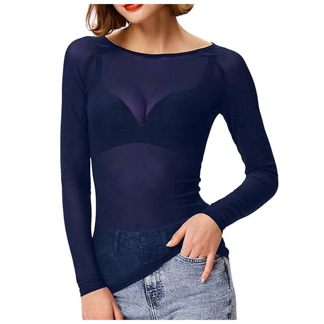 Blusa de mujer transparente de manga larga con malla, sin costuras, de poliéster, tallas S-XXL