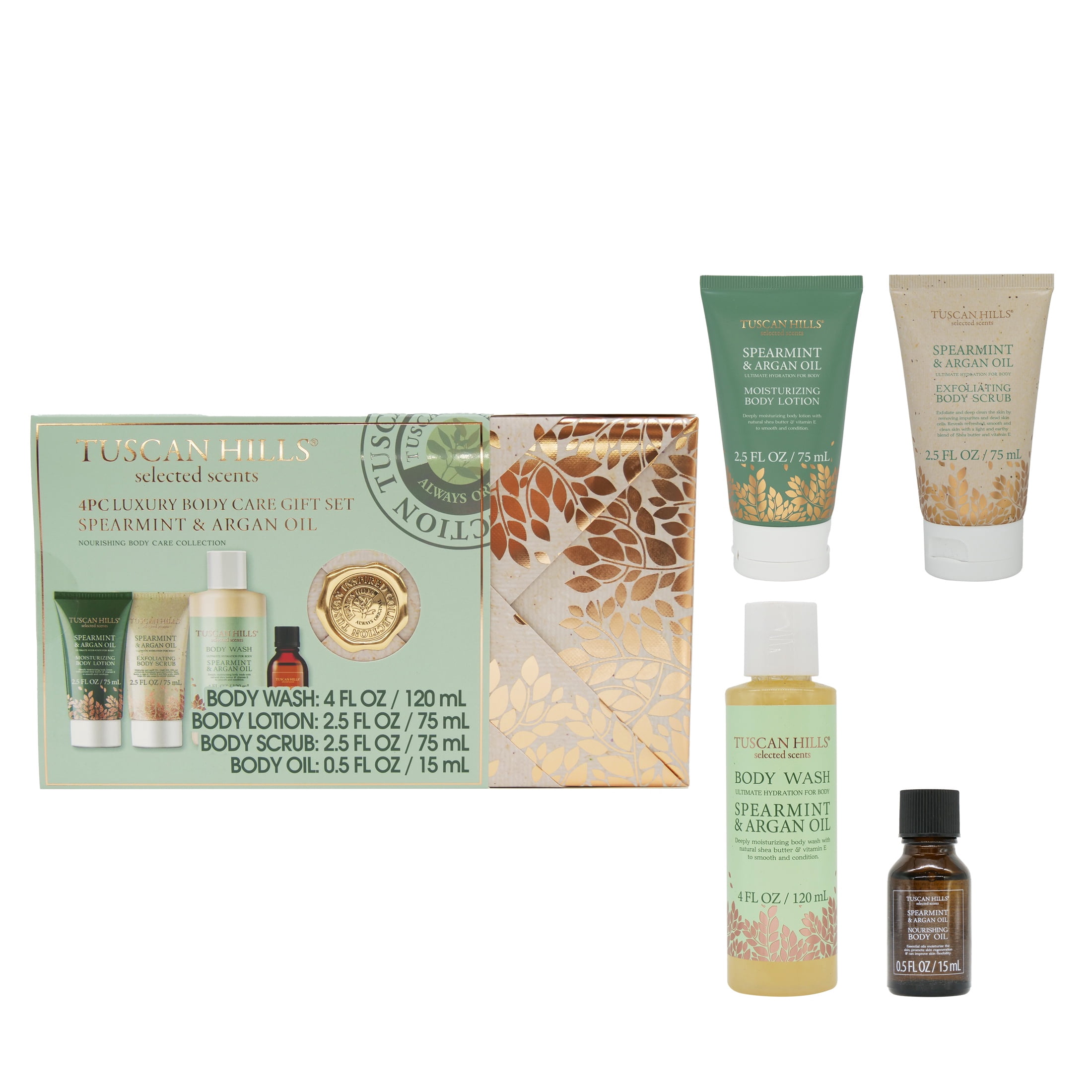 Tuscan Hills Luxury Body Care Gift Set, Spearmint & Argon Oil Scent, 4 Piece