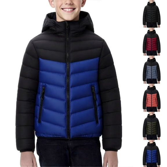 Juebong Girls Boys Winter Coat Kids Zip Up Puffer Jacket Lightweight Insulated Quilted Jackets Warm Colorblock Padded Coats Black,16-17Years