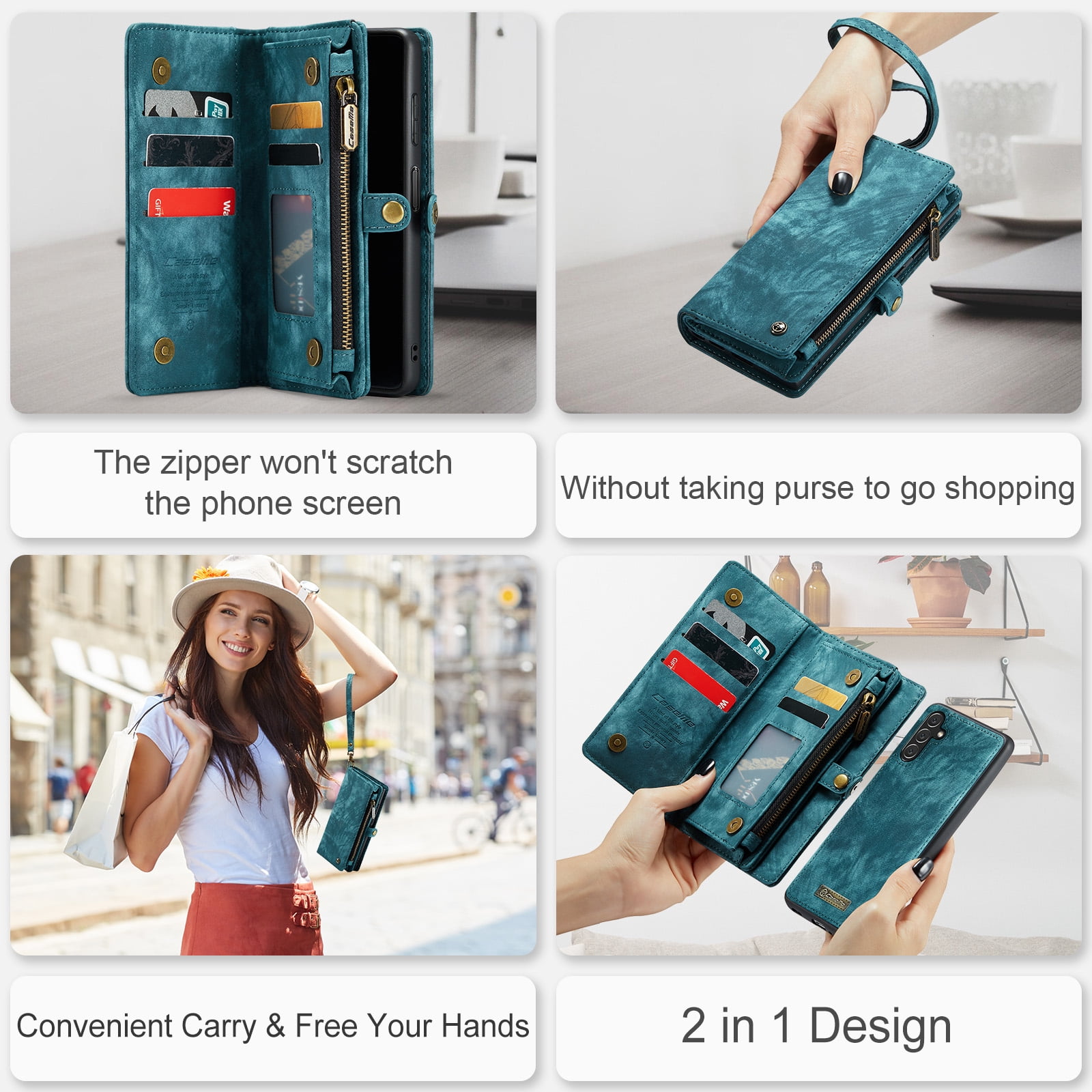 Feishell Durable 2- In-1 Magnetic Detachable Wallet Case for Samsung Galaxy S25,for Women Men,Premium PU Leather Zipper Pocket Flip Multi Card Slots Purse Phone Case with Wrist Strap,Green