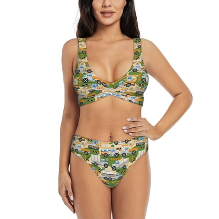 Zeuib Construction Machinery1 High Waisted Tummy Control Bikini Set - Knot Front Push Up Top & Cheeky Thong Bottom  Two-Piece Swimsuit for Women-Small