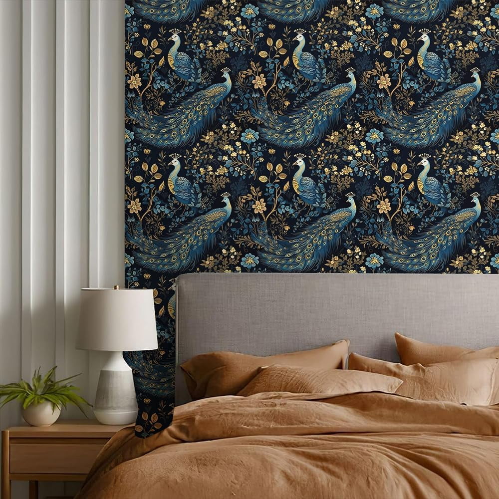 Gold/Yellow/Blue Peacock Animal Plants Dark Black Peel and Stick Wallpaper Stick on Contact Paper Vintage Wall Paper Easy Peel Off for nightstand Drawer Cabinet Renter