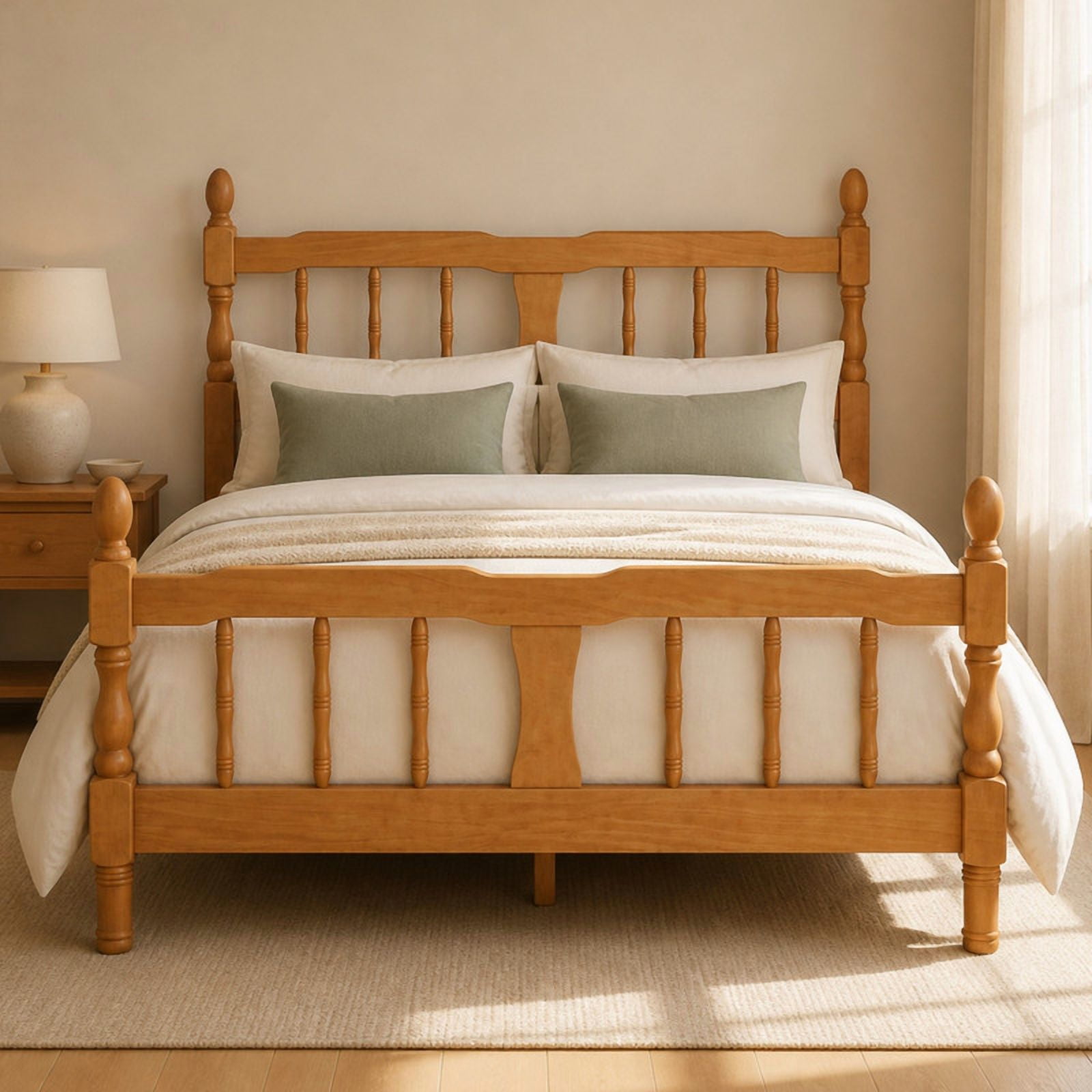Euroco Wood Full Size Platform Bed Frame, Classic Farmhouse Bed Frame with Spindle Headboard, Walnut
