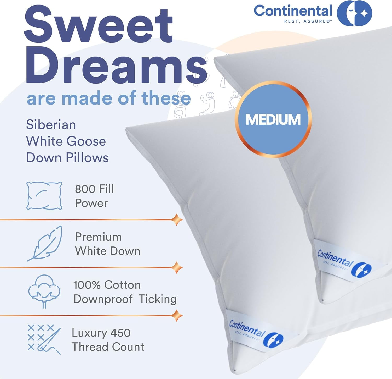Siberian 800FP Goose Down Pillow – 100% Goose Down – 100% Cotton – Medium – Standard Size