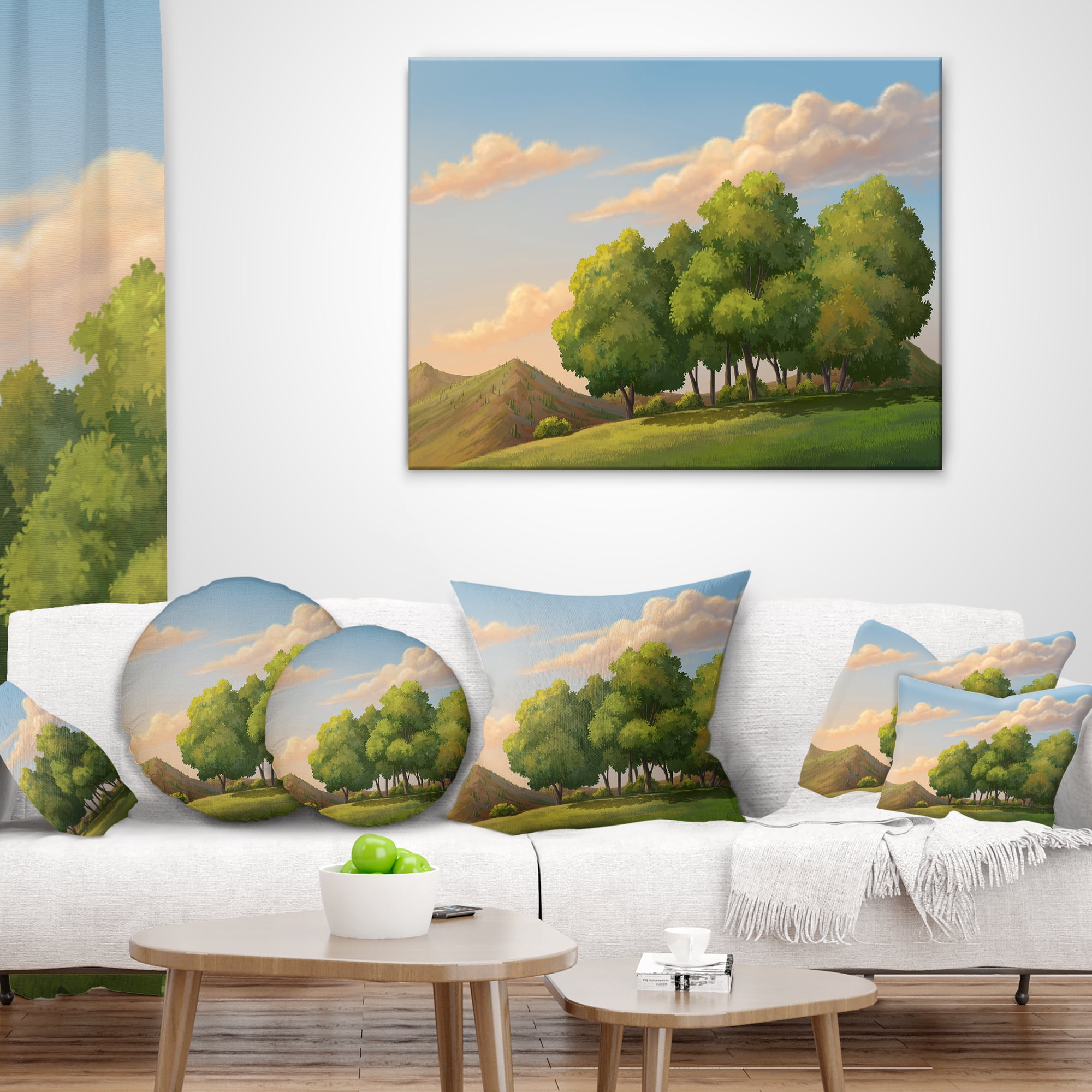 Designart Green Mounds with Green Trees - Landscape Wall Throw Pillow - 12x20