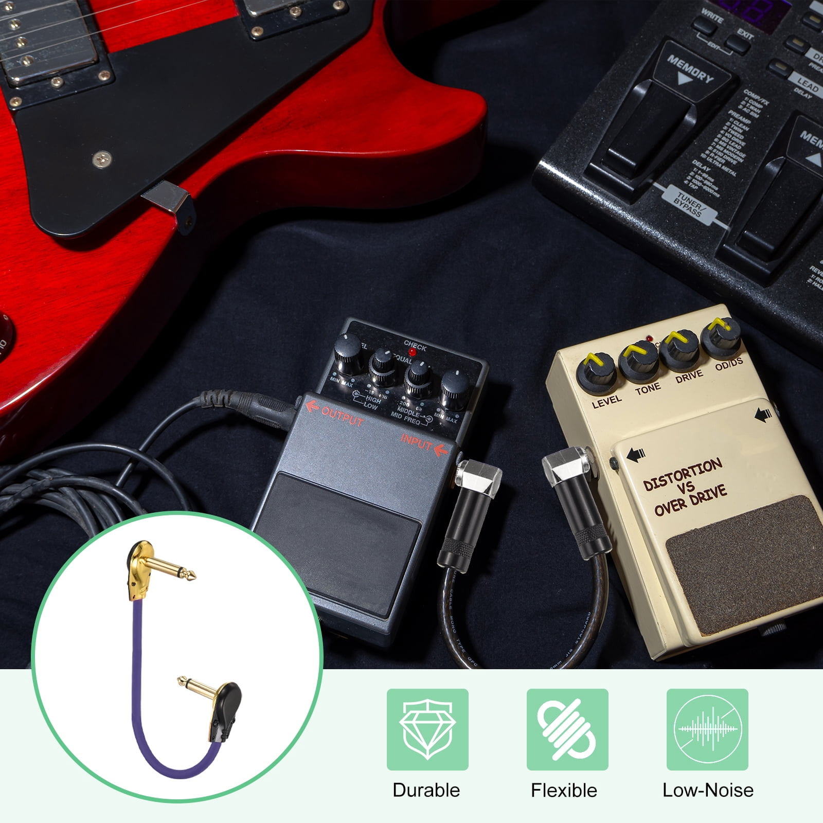Uxcell 3 Pcs Guitar Patch Cables 15 Inch Pedal Board Cord 1/4 Inch Metal Flat Head TS Right Angle Guitar Patch Effect Cable Cord for Instrument Effect Pedal Mixing Console, Purple