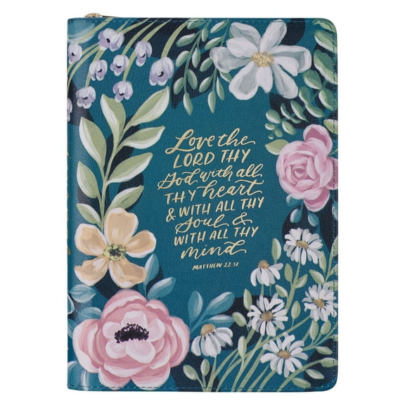 Christian Art Gifts Inspirational Zippered Journal, Love the Lord Wide Ruled Notebook, Matt 22:37 Bible Verse, Teal Vegan Leather, 336 Lined Pages w/scripture, (9” x 6.4” x .9”)