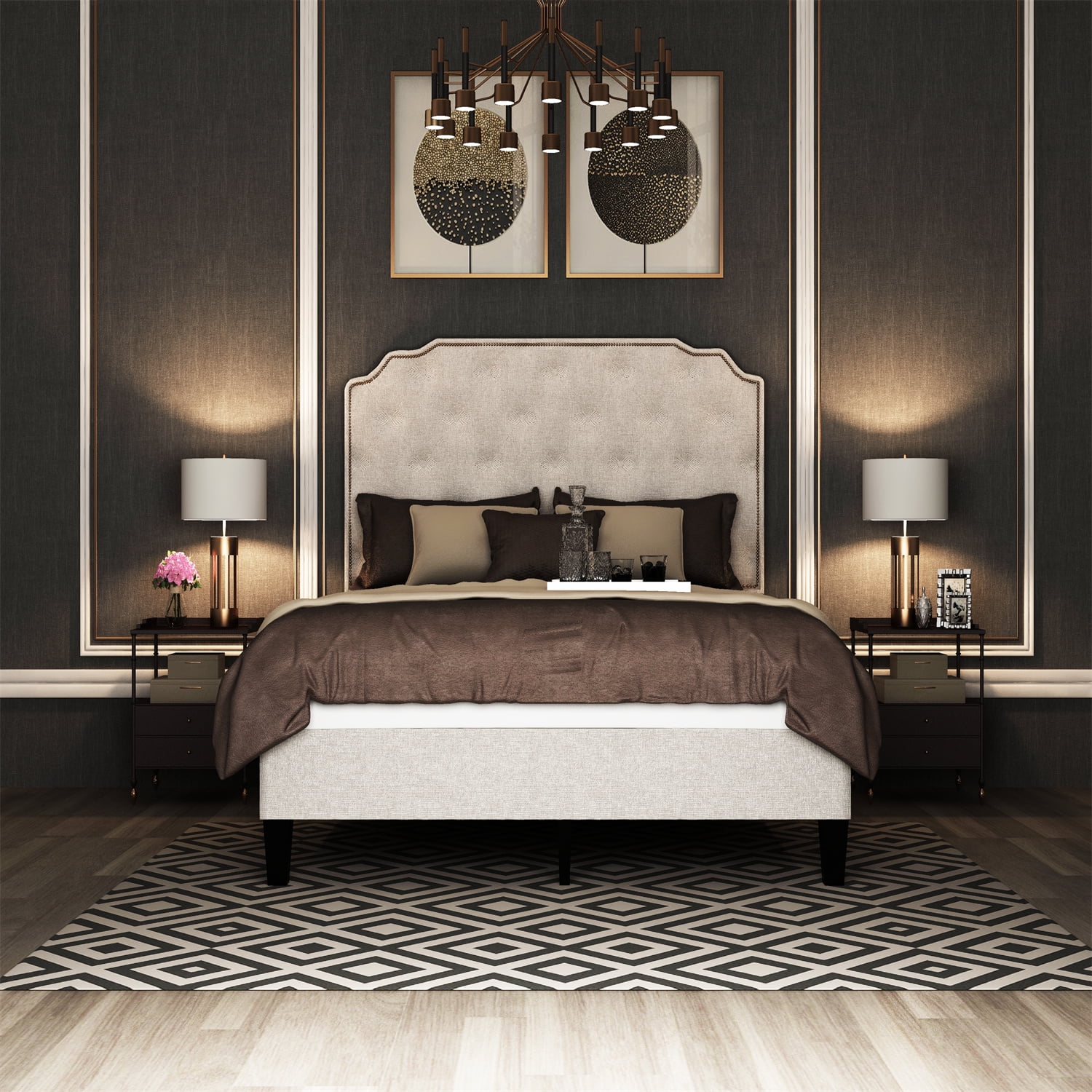 Kepooman Queen Size Upholstered Platform Bed Frame, Modern Bed Frame with Diamond Button Linen Headboard, No Box Spring Needed, Easy Assembly, Beige Kepooman Queen Size Upholstered Platform Bed Frame, Modern Bed Frame with Diamond Button Linen Headboard, No Box Spring Needed, Easy Assembly, Beige