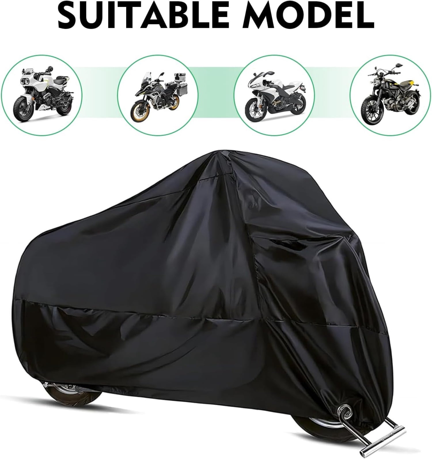 Motorcycle cover, 210D Oxford cloth motorcycle cover, waterproof motorcycle protector with 2 lock holes, suitable for most motorcycles (black)