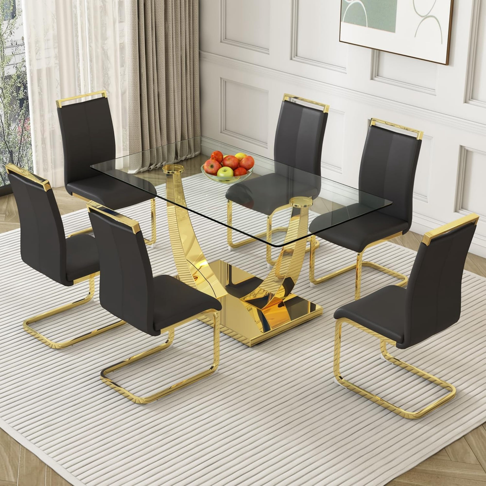 TesNus Modern Dining Chairs Set of 6,High Back Black Kitchen Chairs,Faux Leather Side Chair with Gold Plated Metal Legs,Easy to Clean Upholstered Dining Chairs,Ideal for Living Room(Gold Leg)