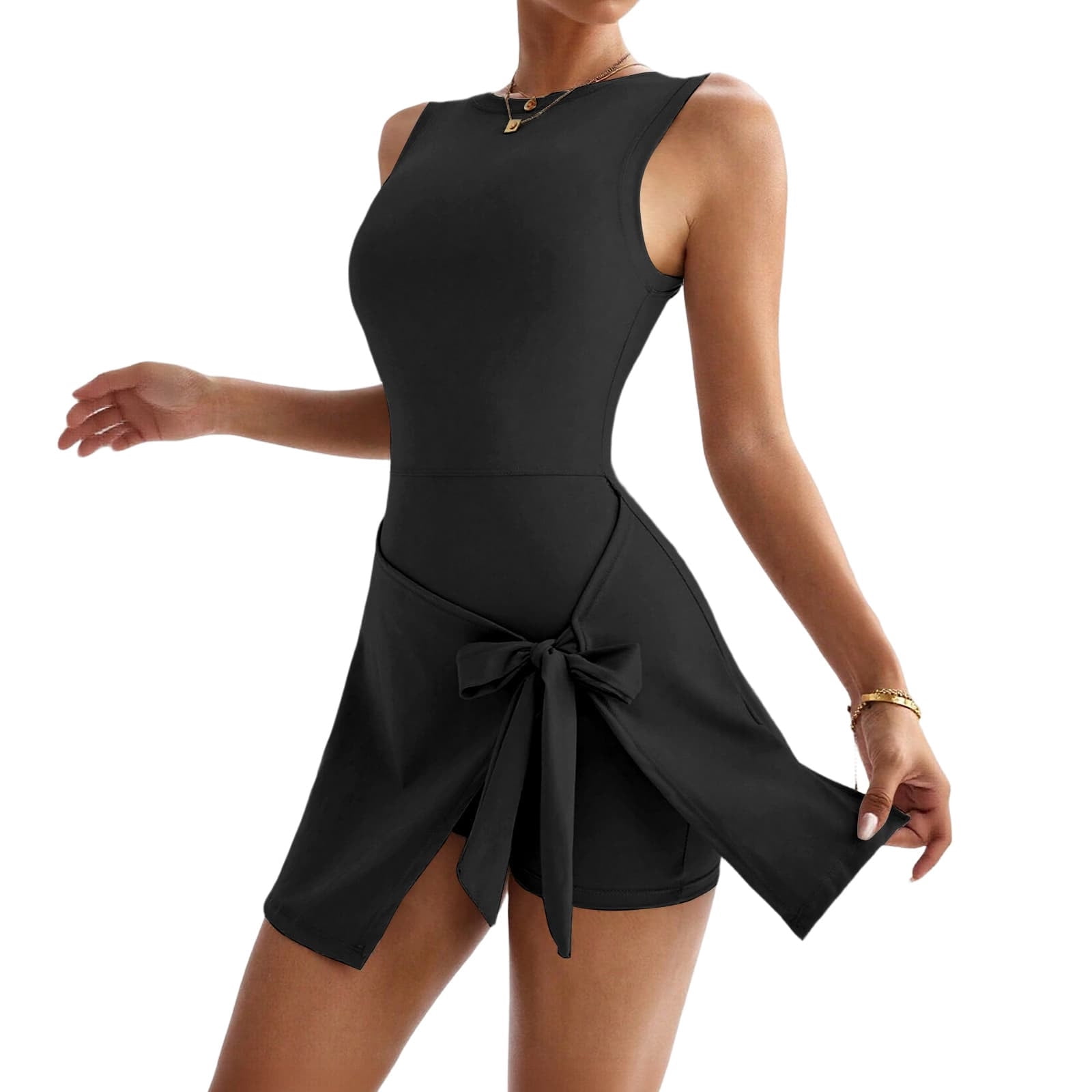 Miluxas Womens High Neck Tennis Dress Sleeveless Wrap Skirt Built in Shorts Golf Athletic Dress Workout Rompers Black