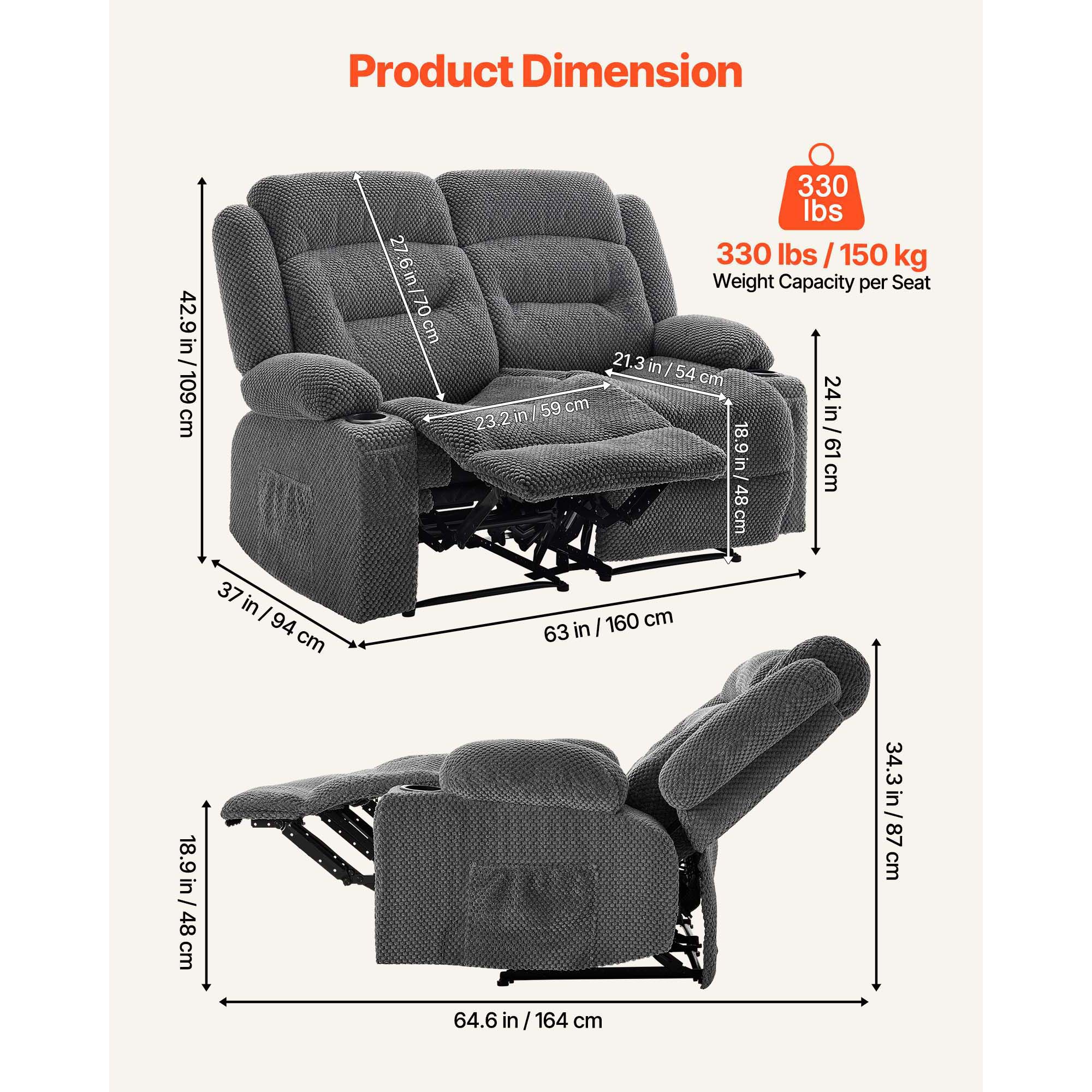 KFFKFF Manual Reclining Loveseat Sofa with Heating and Massage, Soft Corduroy Upholstery, USB Ports, Cup Holders, and Side Storage Pockets, Dual Recliner Couch for Living Room, Grey