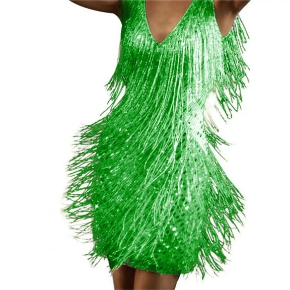 Deep V-Neck Sleeveless Backless Hip Wrap Women Dress Women Fringed Sequin Mini Dress Party Club Wear