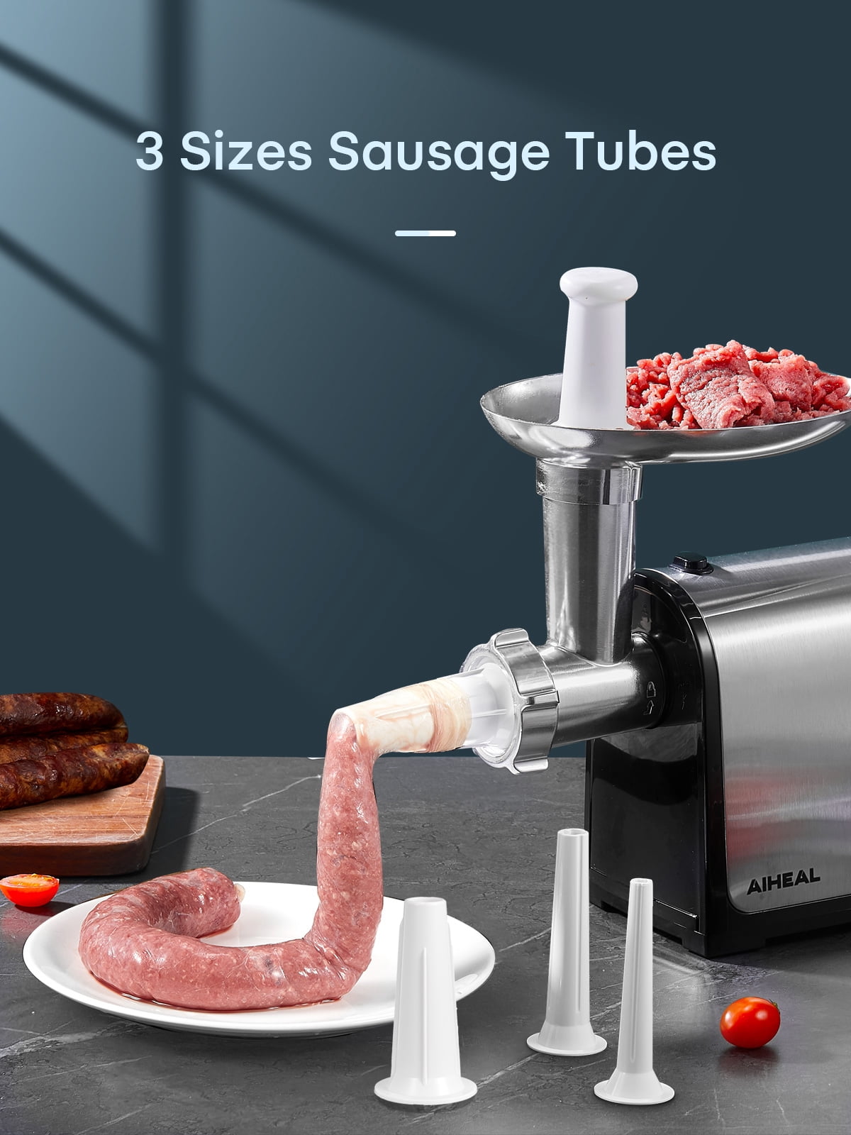 Sausage Stuffer and Meat Grinder Set, Stainless Steel, Includes 2 Blades, 3 Plates, and 3 Sausage Tubes